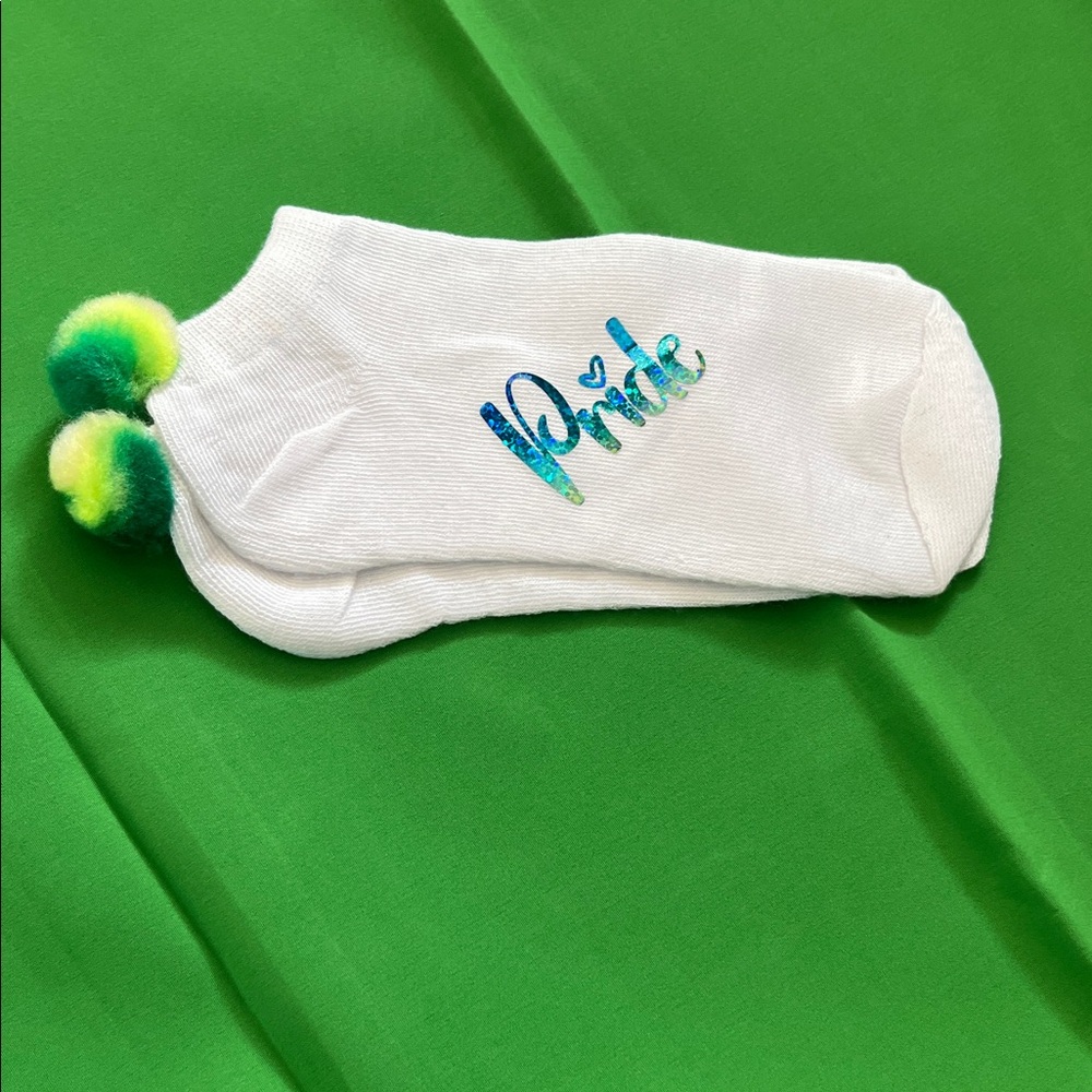 White Custom Ankle Socks With Colorful Pom Poms